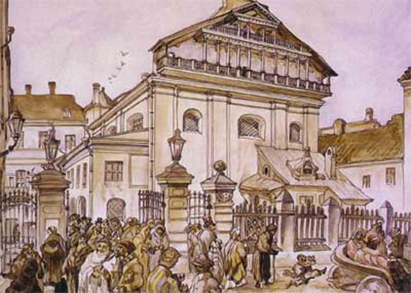 ציור בצבעי מים מסוף המאה ה-19 של בית הכנסת הגדול בווילנה