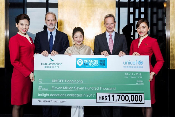 רופרט הוג, מנכ"ל קתאי פסיפיק (שני מימין), מציג את כספי התרומה ל-UNICEF