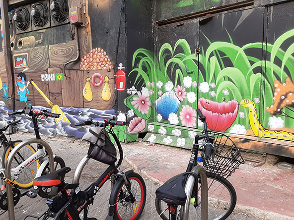 אמנות רחוב על קירות ודלתות בשוק הפשפשים ובאזור הנמל