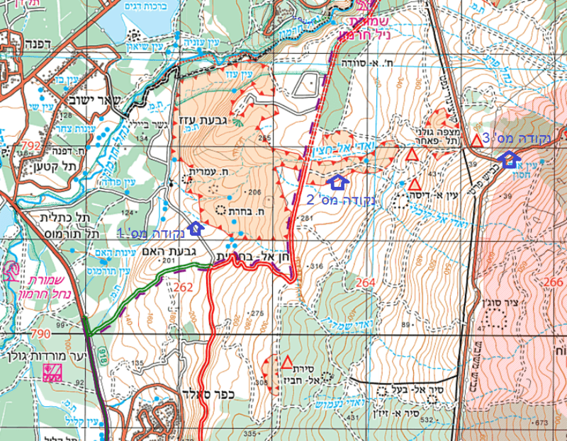 מפה אזור שביל אורי אילן עם סימון 3 הנקודות. באדיבות המרכז למיפוי ישראל ועמוד ענן