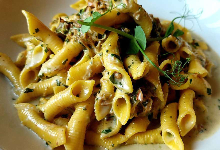 פסטה עם תרד, עוף וצנוברים בקפה קורדינה