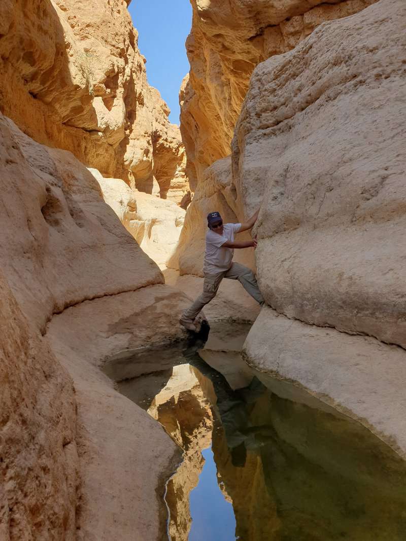 בתוך הקניון חתורים מעוקים ונקיקים שביניהם נגלים גבים ומפלים